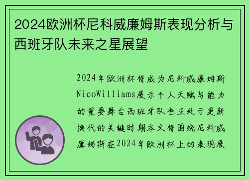 2024欧洲杯尼科威廉姆斯表现分析与西班牙队未来之星展望